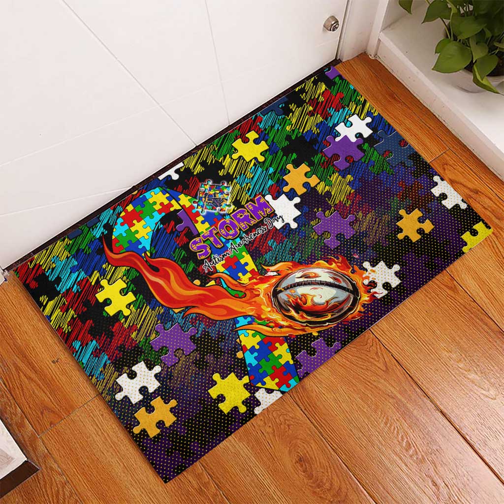 Storm Autism Awareness Rubber Doormat Puzzle Flames Rugby Ball