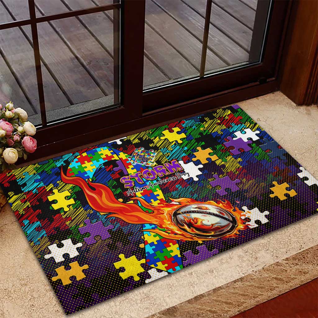 Storm Autism Awareness Rubber Doormat Puzzle Flames Rugby Ball