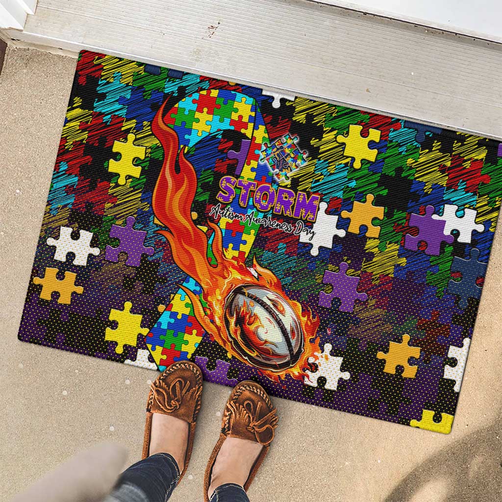 Storm Autism Awareness Rubber Doormat Puzzle Flames Rugby Ball