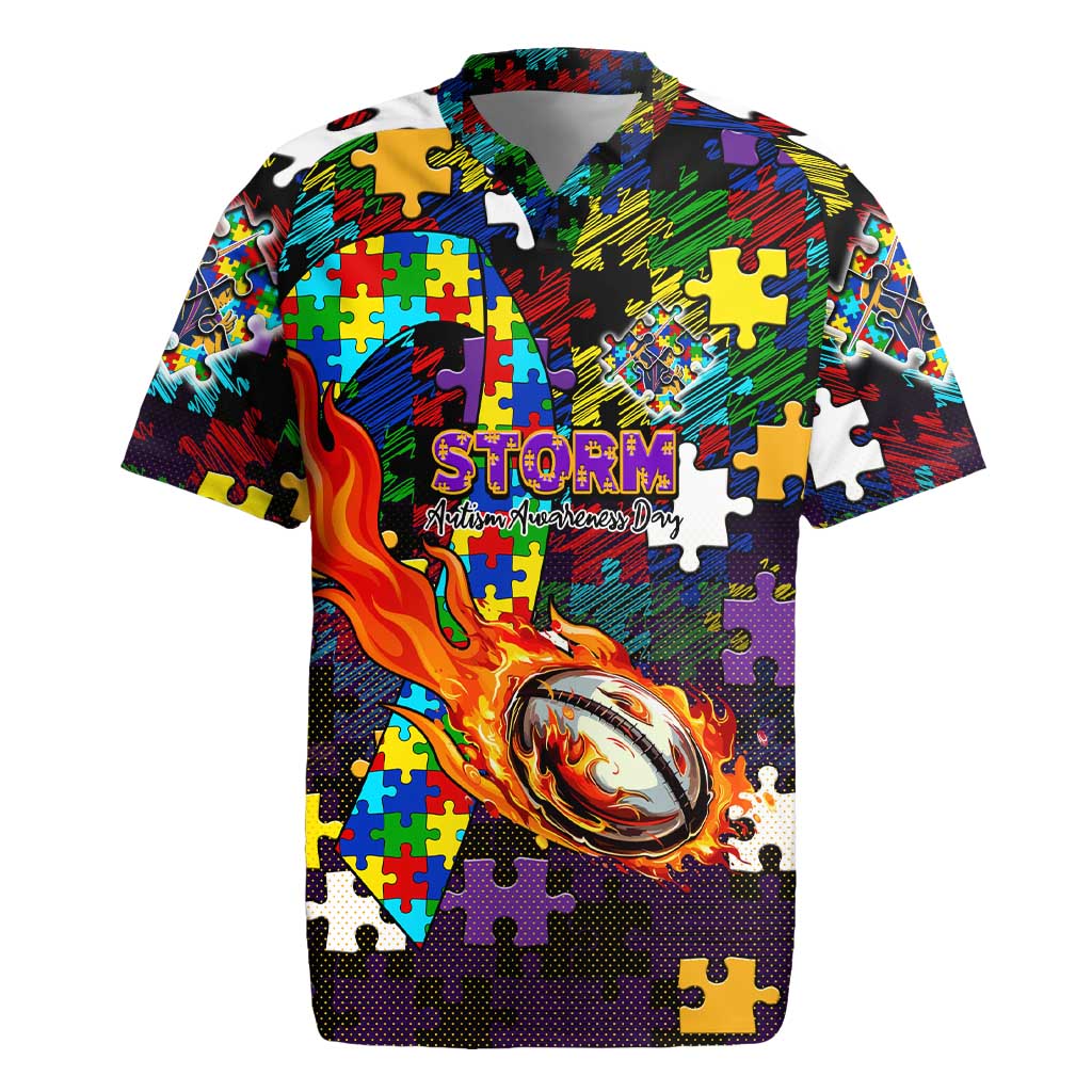 Storm Autism Awareness Rugby Jersey Puzzle Flames Rugby Ball