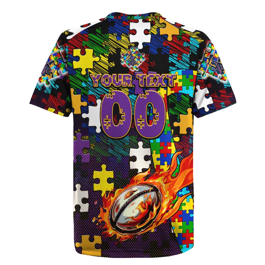 Storm Autism Awareness Rugby Jersey Puzzle Flames Rugby Ball
