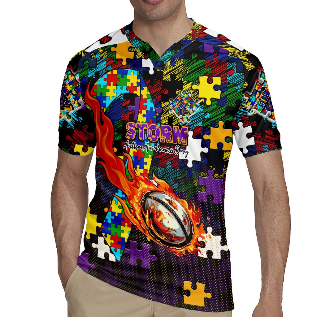Storm Autism Awareness Rugby Jersey Puzzle Flames Rugby Ball