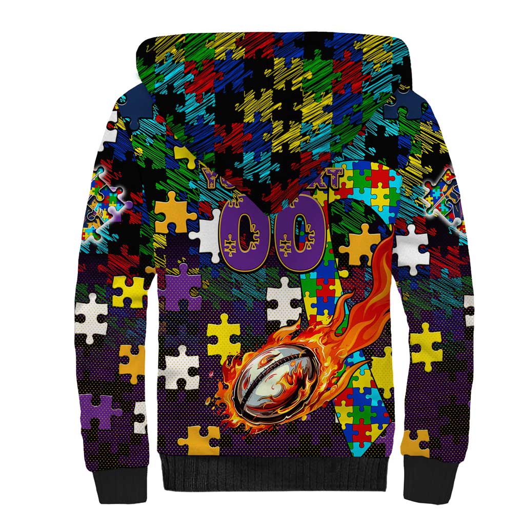 Storm Autism Awareness Sherpa Hoodie Puzzle Flames Rugby Ball