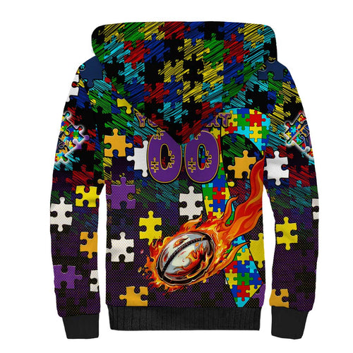 Storm Autism Awareness Sherpa Hoodie Puzzle Flames Rugby Ball