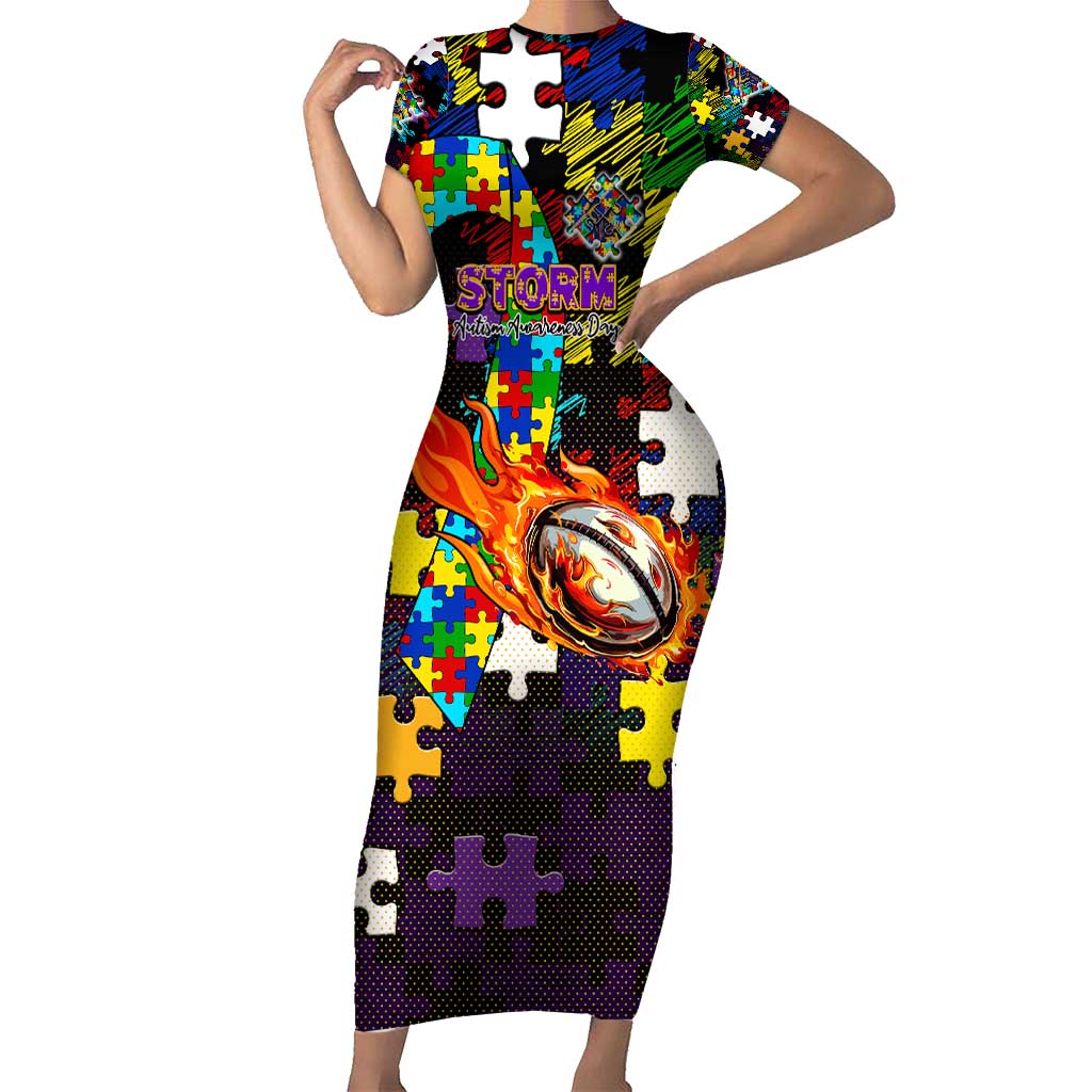 Storm Autism Awareness Short Sleeve Bodycon Dress Puzzle Flames Rugby Ball