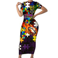 Storm Autism Awareness Short Sleeve Bodycon Dress Puzzle Flames Rugby Ball