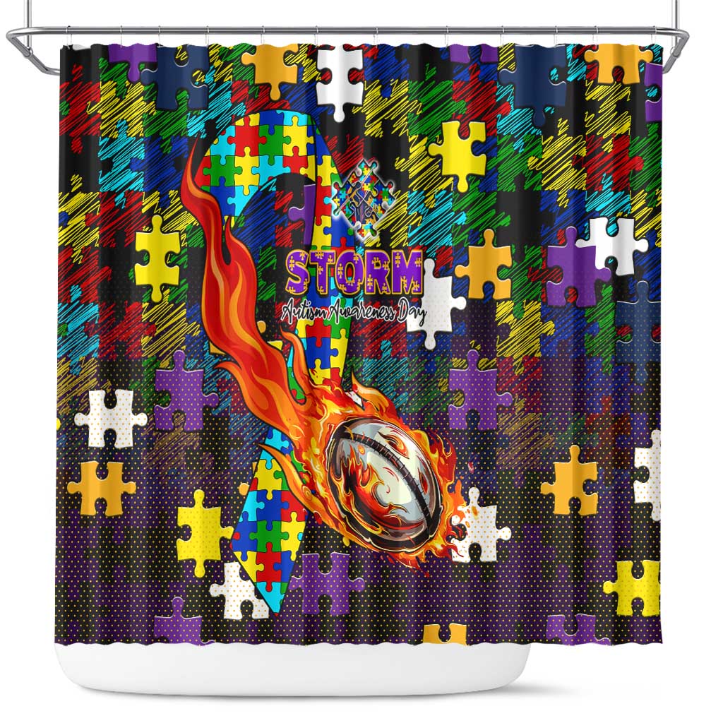 Storm Autism Awareness Shower Curtain Puzzle Flames Rugby Ball