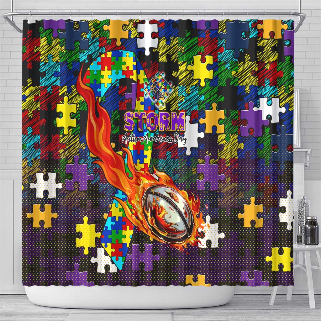 Storm Autism Awareness Shower Curtain Puzzle Flames Rugby Ball