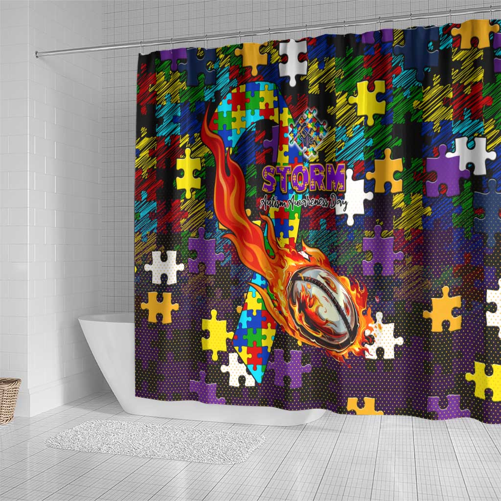 Storm Autism Awareness Shower Curtain Puzzle Flames Rugby Ball