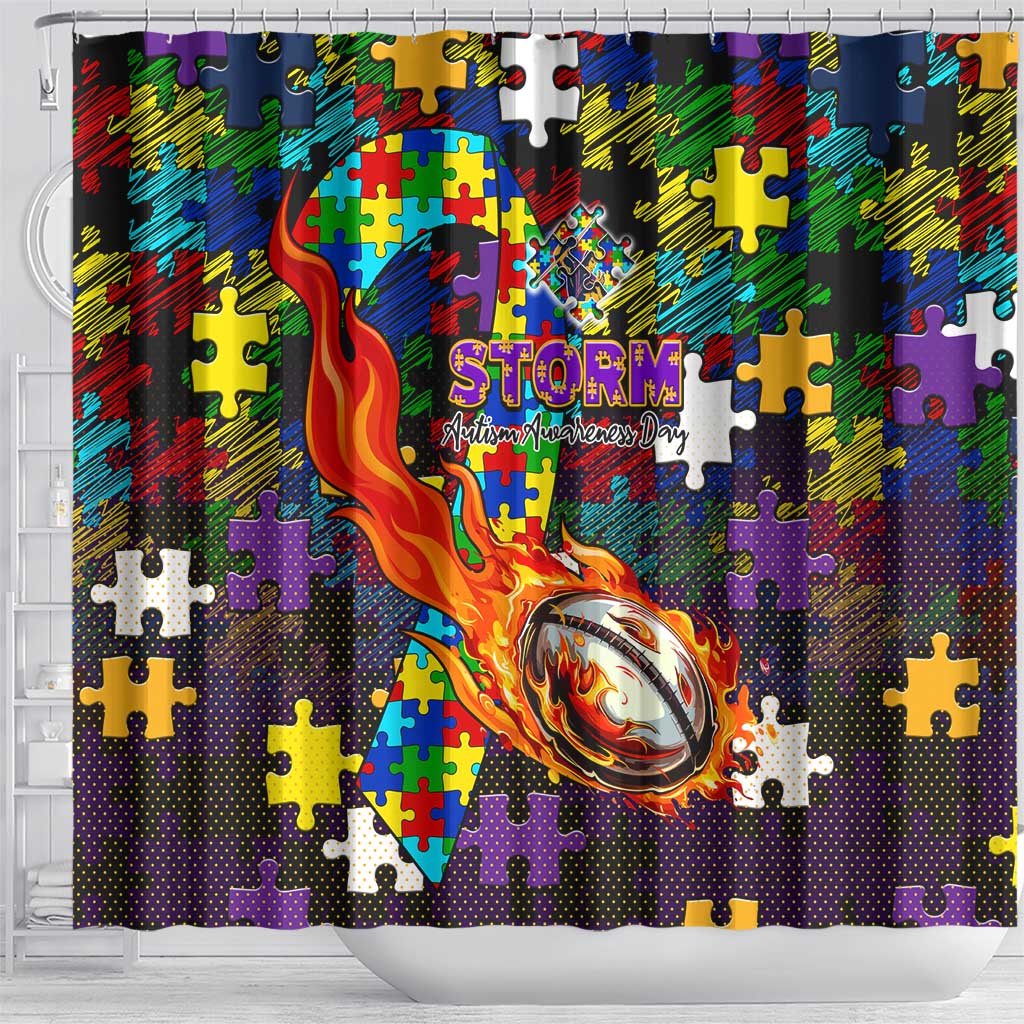 Storm Autism Awareness Shower Curtain Puzzle Flames Rugby Ball