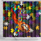 Storm Autism Awareness Shower Curtain Puzzle Flames Rugby Ball
