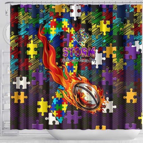 Storm Autism Awareness Shower Curtain Puzzle Flames Rugby Ball