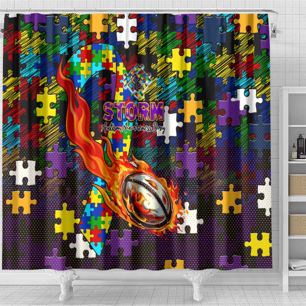 Storm Autism Awareness Shower Curtain Puzzle Flames Rugby Ball