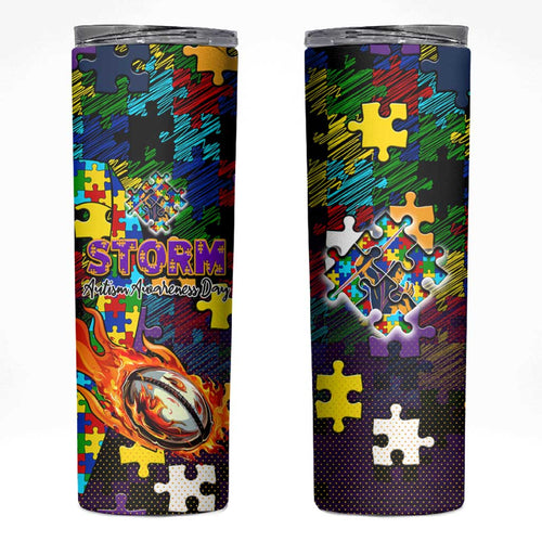 Storm Autism Awareness Skinny Tumbler Puzzle Flames Rugby Ball