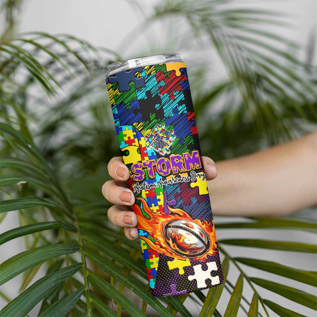 Storm Autism Awareness Skinny Tumbler Puzzle Flames Rugby Ball