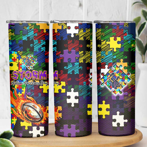 Storm Autism Awareness Skinny Tumbler Puzzle Flames Rugby Ball