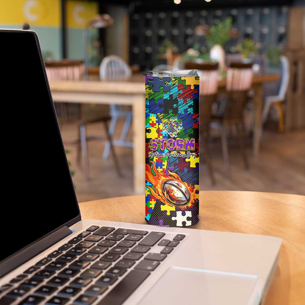Storm Autism Awareness Skinny Tumbler Puzzle Flames Rugby Ball