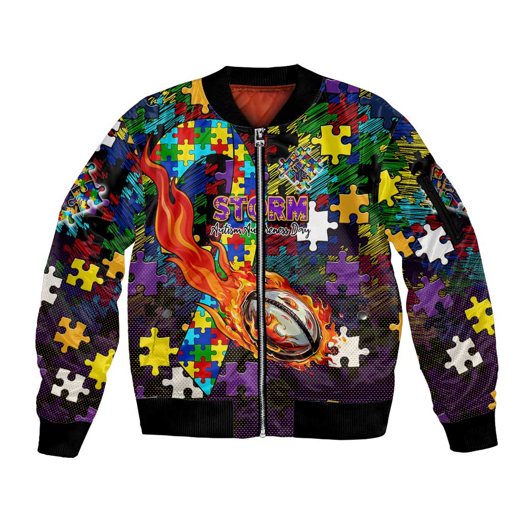Storm Autism Awareness Sleeve Zip Bomber Jacket Puzzle Flames Rugby Ball