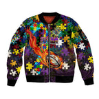 Storm Autism Awareness Sleeve Zip Bomber Jacket Puzzle Flames Rugby Ball