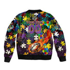 Storm Autism Awareness Sleeve Zip Bomber Jacket Puzzle Flames Rugby Ball