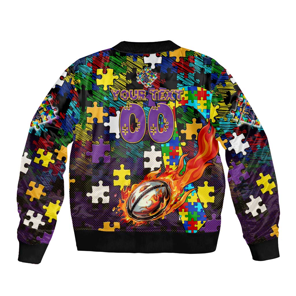 Storm Autism Awareness Sleeve Zip Bomber Jacket Puzzle Flames Rugby Ball