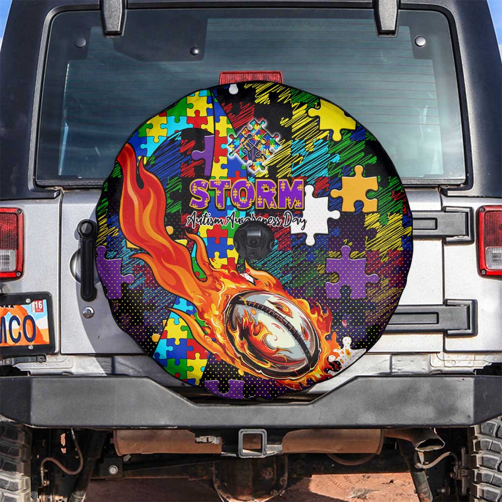 Storm Autism Awareness Spare Tire Cover Puzzle Flames Rugby Ball