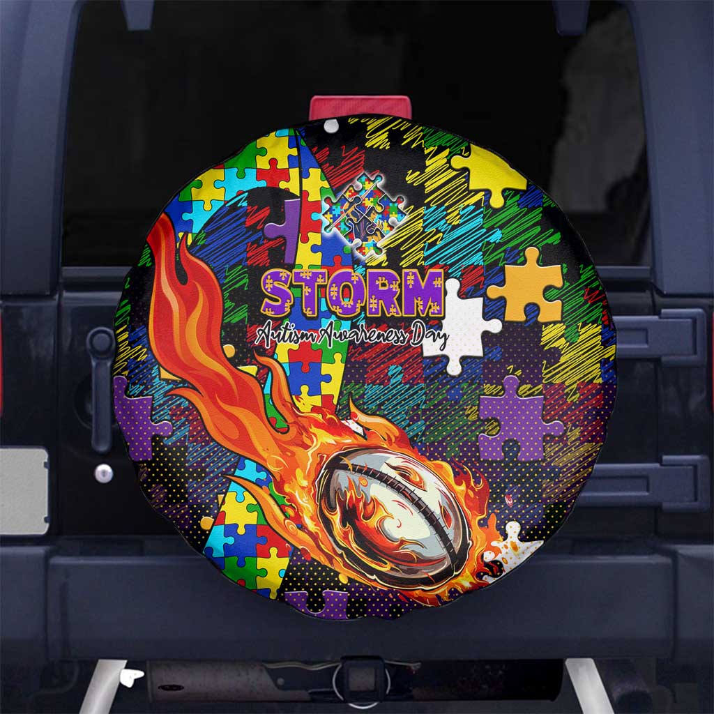 Storm Autism Awareness Spare Tire Cover Puzzle Flames Rugby Ball