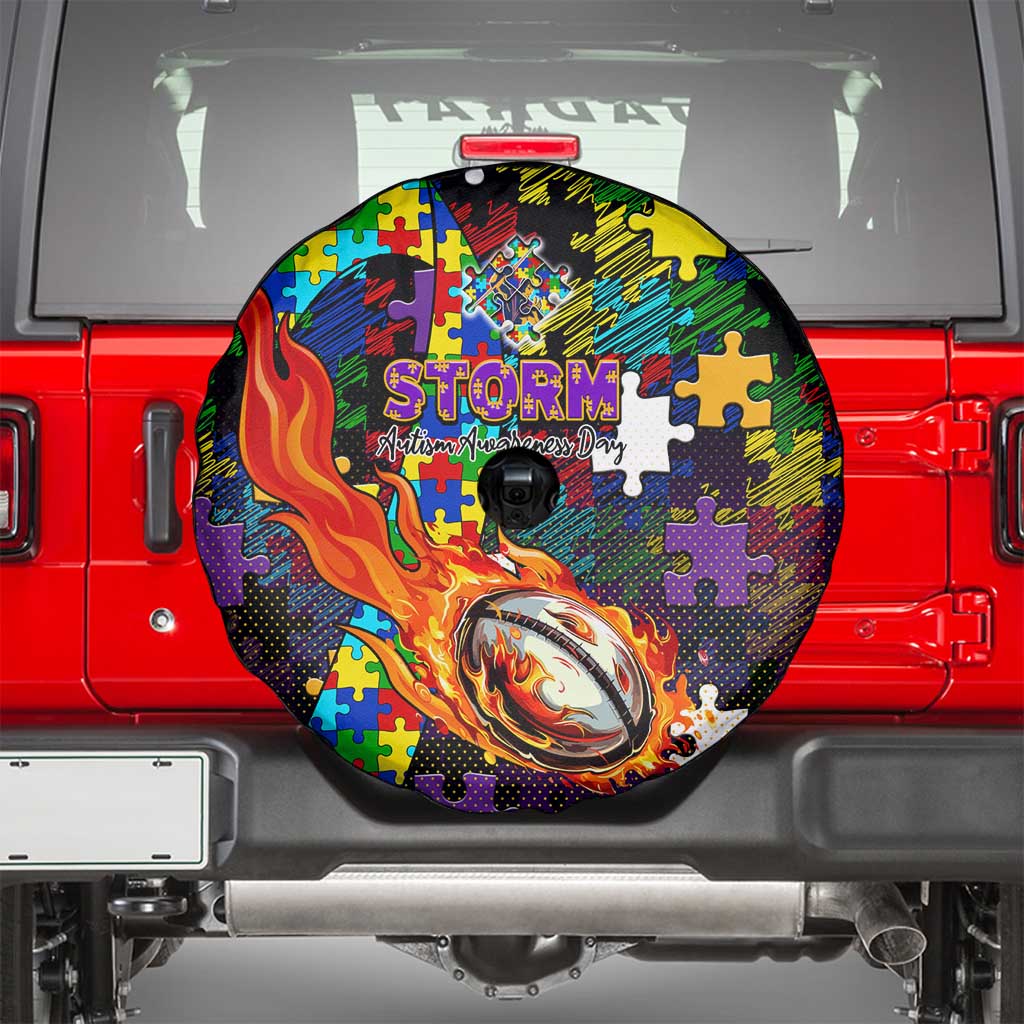 Storm Autism Awareness Spare Tire Cover Puzzle Flames Rugby Ball
