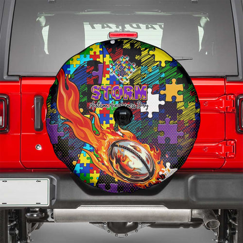 Storm Autism Awareness Spare Tire Cover Puzzle Flames Rugby Ball