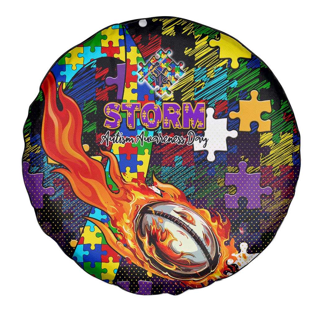 Storm Autism Awareness Spare Tire Cover Puzzle Flames Rugby Ball