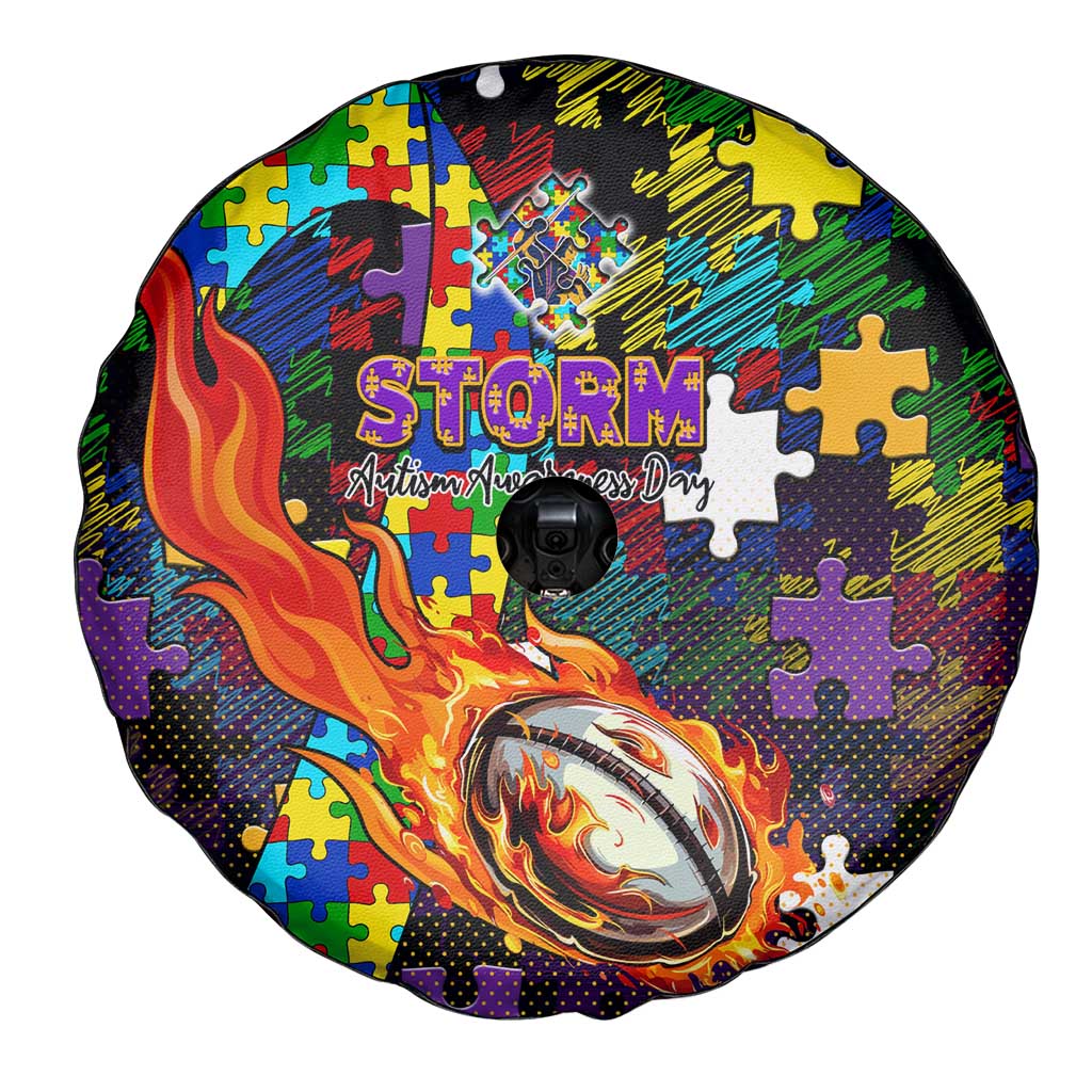 Storm Autism Awareness Spare Tire Cover Puzzle Flames Rugby Ball