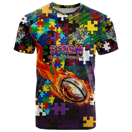 Storm Autism Awareness T Shirt Puzzle Flames Rugby Ball