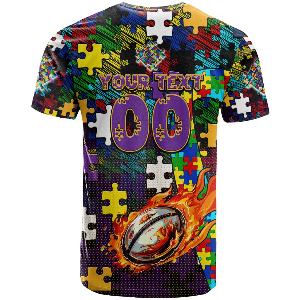Storm Autism Awareness T Shirt Puzzle Flames Rugby Ball