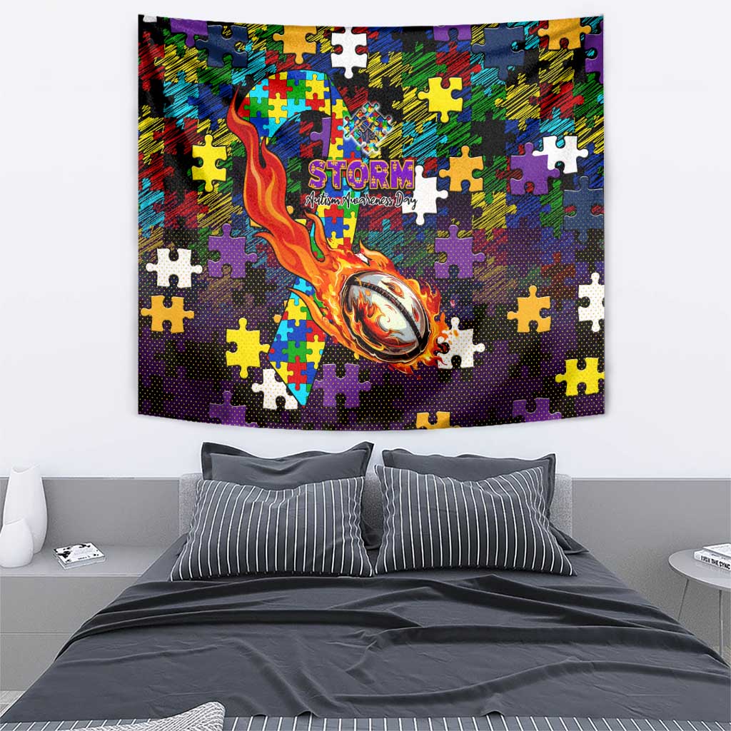 Storm Autism Awareness Tapestry Puzzle Flames Rugby Ball