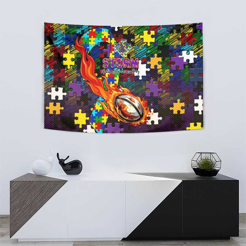 Storm Autism Awareness Tapestry Puzzle Flames Rugby Ball