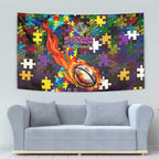 Storm Autism Awareness Tapestry Puzzle Flames Rugby Ball