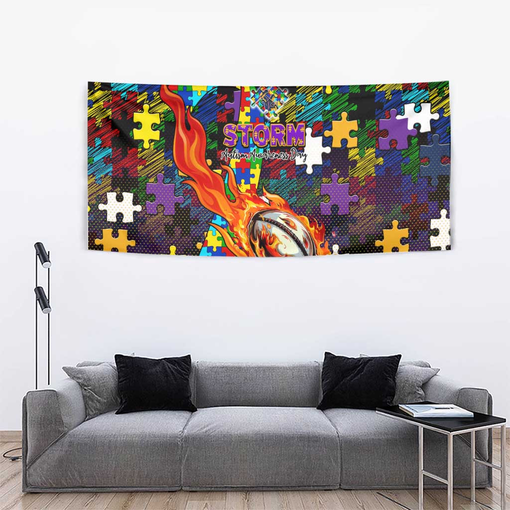 Storm Autism Awareness Tapestry Puzzle Flames Rugby Ball
