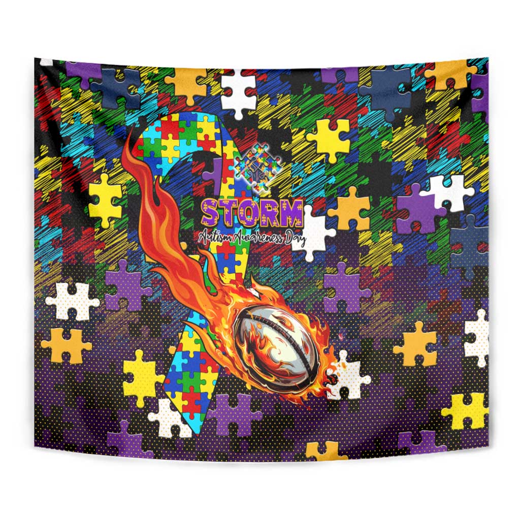 Storm Autism Awareness Tapestry Puzzle Flames Rugby Ball