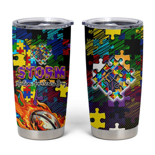 Storm Autism Awareness Tumbler Cup Puzzle Flames Rugby Ball