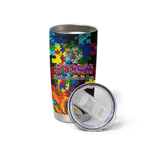 Storm Autism Awareness Tumbler Cup Puzzle Flames Rugby Ball