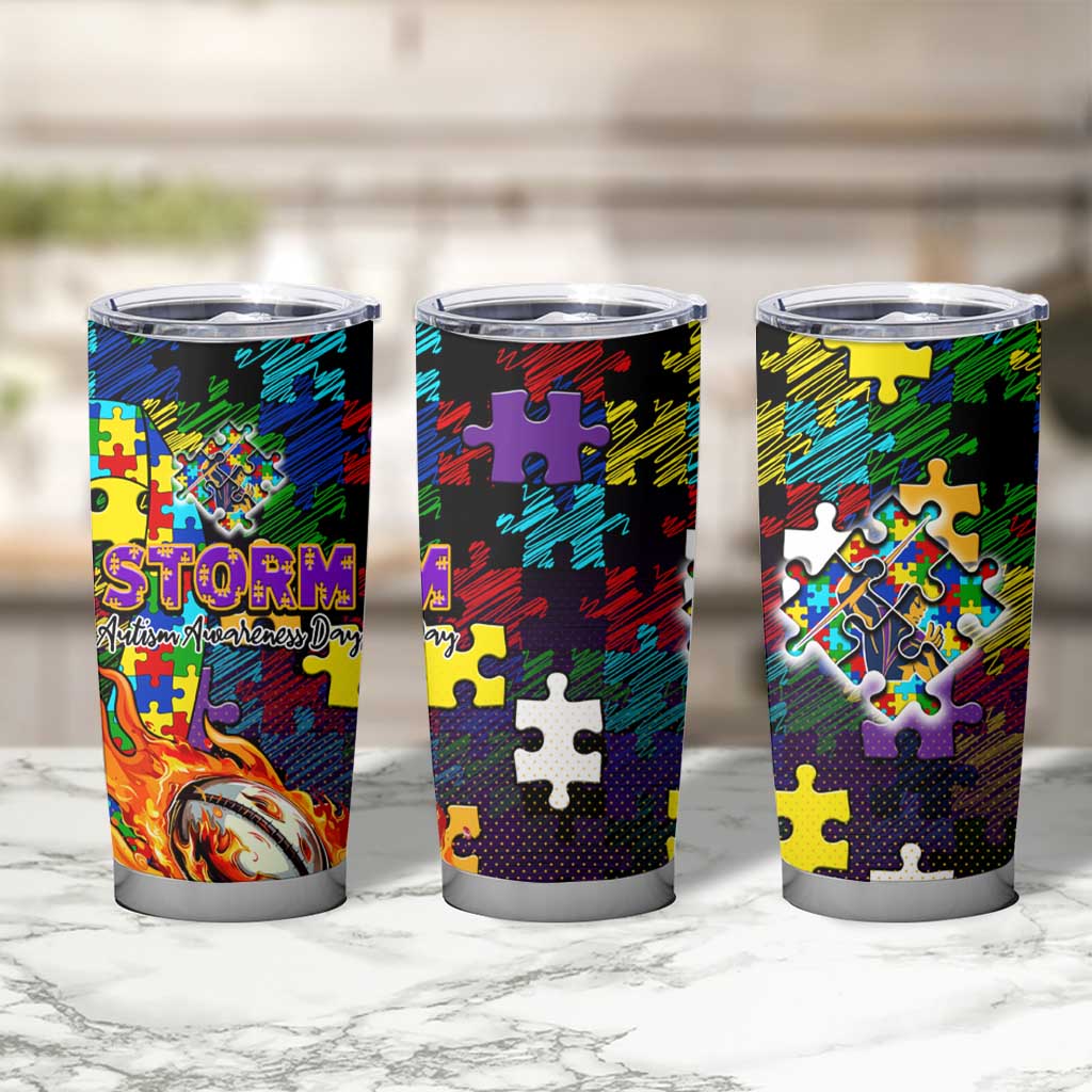 Storm Autism Awareness Tumbler Cup Puzzle Flames Rugby Ball