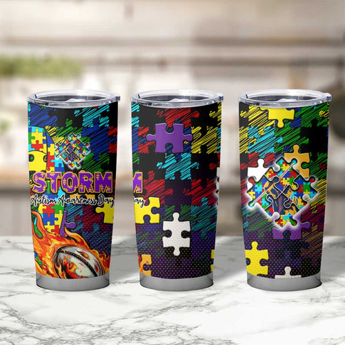 Storm Autism Awareness Tumbler Cup Puzzle Flames Rugby Ball