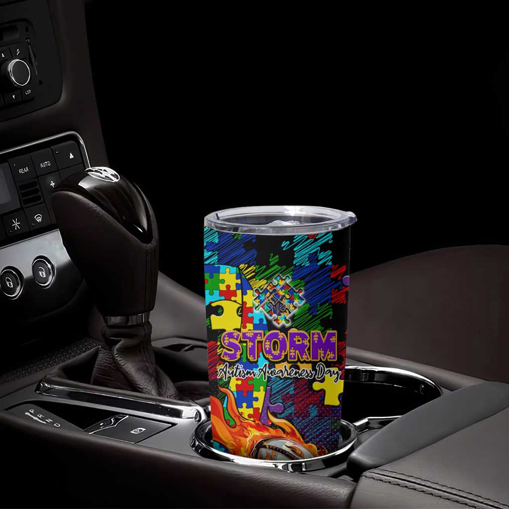 Storm Autism Awareness Tumbler Cup Puzzle Flames Rugby Ball