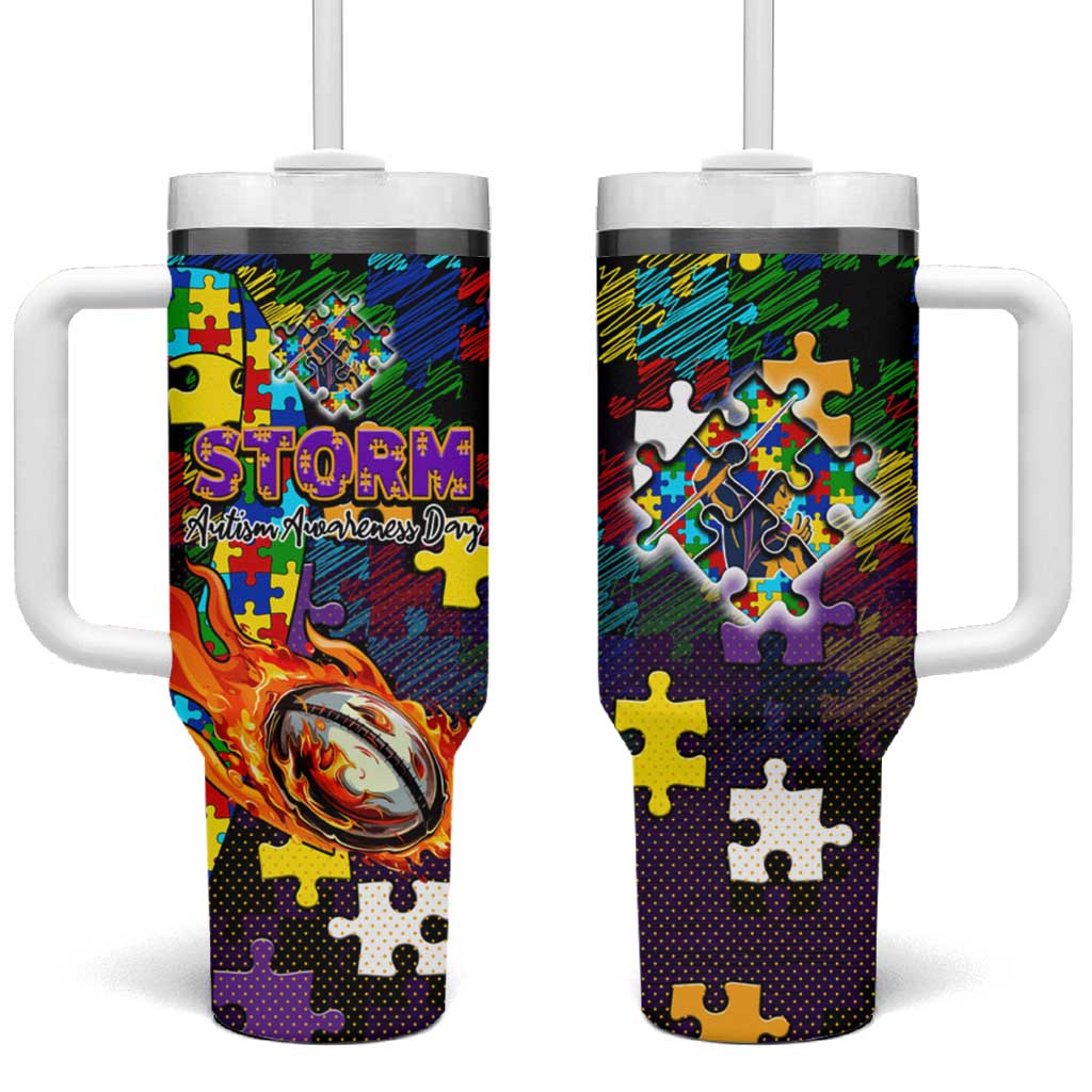 Storm Autism Awareness Tumbler With Handle Puzzle Flames Rugby Ball