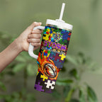 Storm Autism Awareness Tumbler With Handle Puzzle Flames Rugby Ball