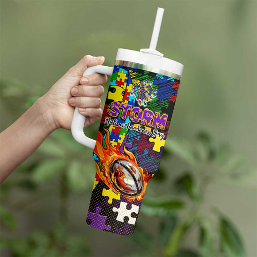 Storm Autism Awareness Tumbler With Handle Puzzle Flames Rugby Ball