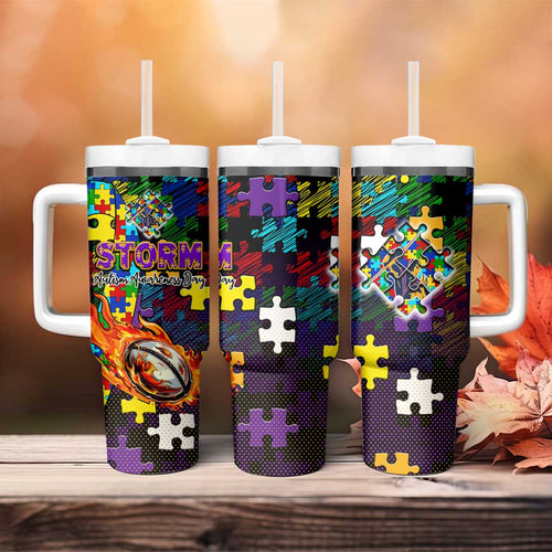 Storm Autism Awareness Tumbler With Handle Puzzle Flames Rugby Ball