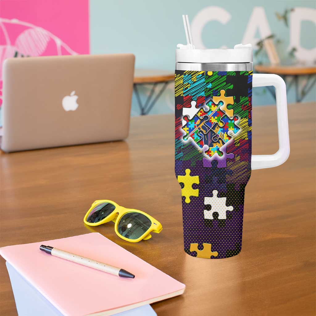 Storm Autism Awareness Tumbler With Handle Puzzle Flames Rugby Ball
