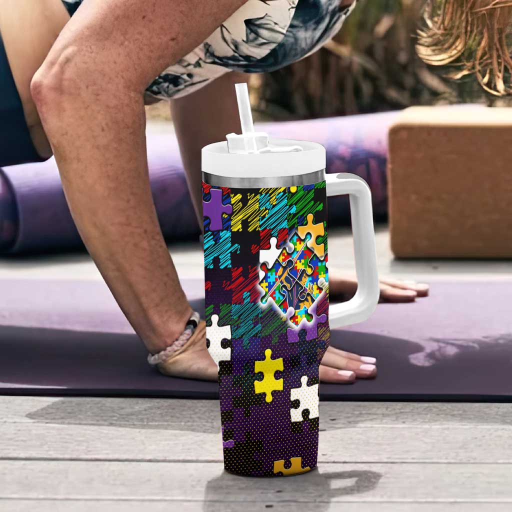 Storm Autism Awareness Tumbler With Handle Puzzle Flames Rugby Ball