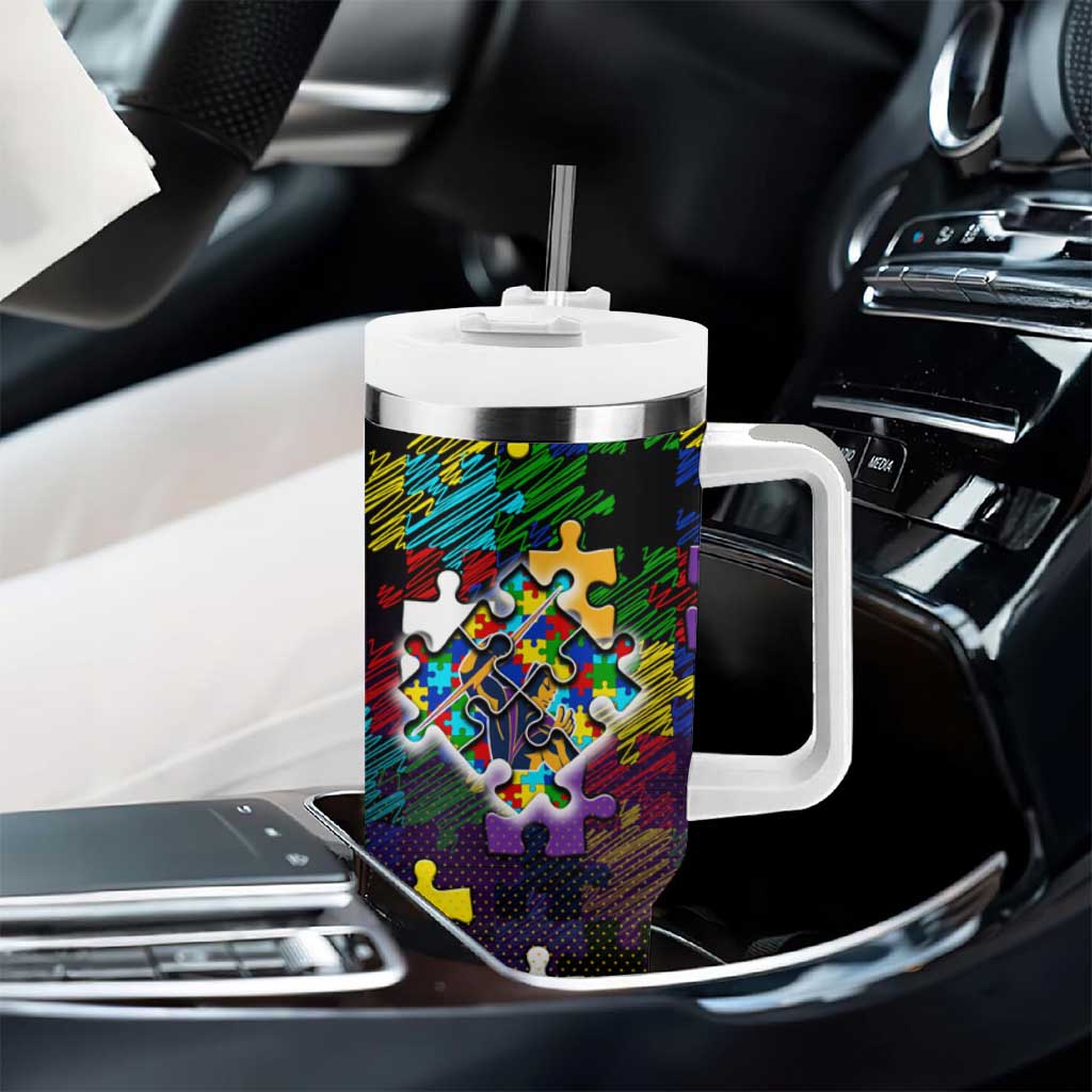 Storm Autism Awareness Tumbler With Handle Puzzle Flames Rugby Ball